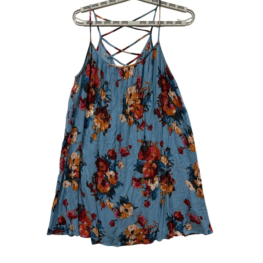 Easel Womens Blue Floral Rayon Boho Cami Tank Top Criss Cross Back ED9685 Small